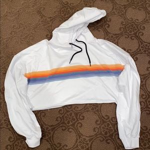 Cropped white hoodie with rainbow stripes